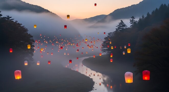 Floating Sky Lanterns Over a Misty River Valley at Sunset. - Powered by Adobe