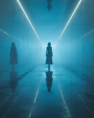 Woman is becoming part of surreal steps in glowing blue corridor where reflections create mysterious atmosphere and sense of endless journey and self discovery