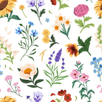 Repeatable pattern of branches of different flowers with leaves. Endless background of various wildflowers and blooming plants. Meadow nature. Floral decoration. Flat seamless vector illustration