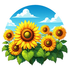 Group of sunflowers in a field isolated on transparent background, sunny day