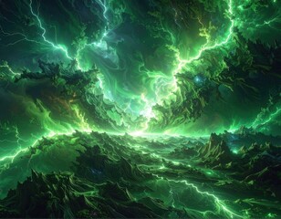 Green lightning storm rages above jagged alien terrain