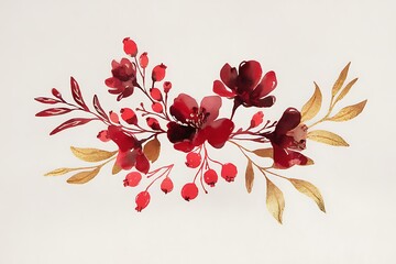 Elegant Watercolor Flower Arrangement with Red Blooms and Golden Leaves, Depicting Grace and Beauty (63 characters)