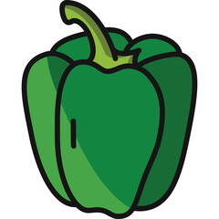 Single Green Bell Pepper Vegetable Fresh Healthy Food Ingredient With Stalk and Leaf Isolated on Transparent Background