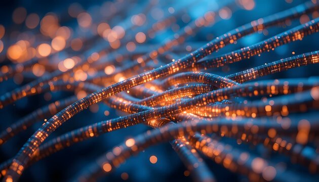 Dynamic network of glowing fiber optic cables pulsing with vibrant data streams, representing fast connectivity and digital innovation