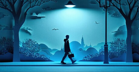 Silhouette walks beneath streetlight. Cityscape visible, stylized papercraft aesthetic creates dramatic mood. Blue tones dominate scene.