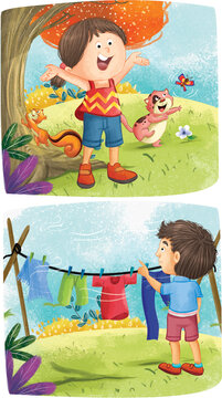 A Cheerful Day in Nature | A Boy Drying Clothes in the Sun