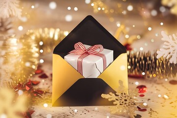 An Elegant Christmas Greeting: A Gift Wrapped in White Paper with Red Ribbon Presented Inside of an Envelope.