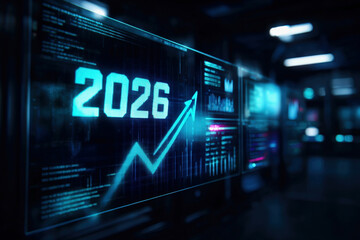 Cyan Digital Screen Showing 2026 with Upward Arrow Graph and Data Visualization in Dark Environment