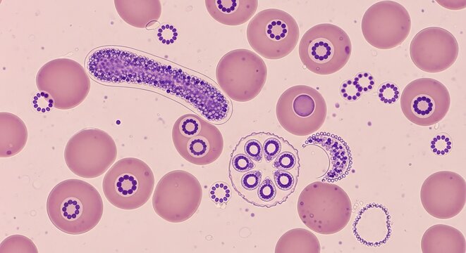Giemsa-stained smear of mixed Plasmodium malariae and falciparum