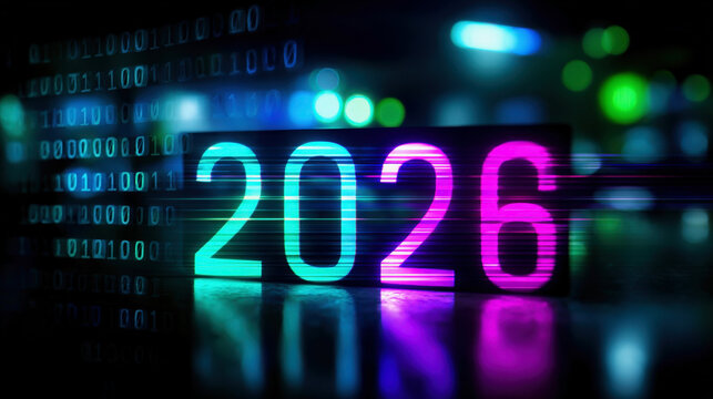Illuminated Number 2026 with Striped Effect and Binary Code Bokeh on Dark Background