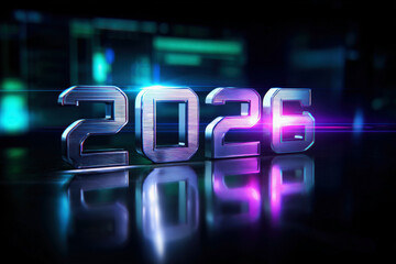 Futuristic Metallic Number 2026 with Neon Cyan Pink Gradient Glow on Reflective Surface