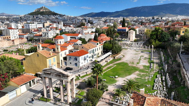 Aerial drone photo of iconic Roman Market featuring tower of Winds and Gate of Athena in the heart of Athens historic centre built in Plaka district, below Acropolis hill, Attica, Greece