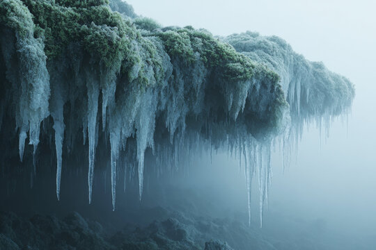 Massive Icicles Hanging from Cliff Edge with Green Vegetation in Foggy Winter Atmosphere