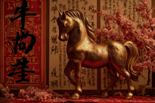 Ornate Golden Horse Figurine with Floral Pattern Standing with Cherry Blossoms and Chinese Calligraphy