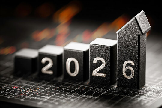 Black Rising Bar Graph Blocks with 2026 Numbers on Financial Chart Grid Background