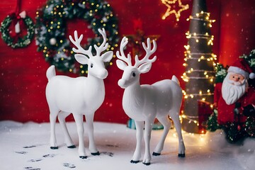 Enchanting Christmas Scene with White Reindeer Statues and Festive Holiday Decorations Displayed