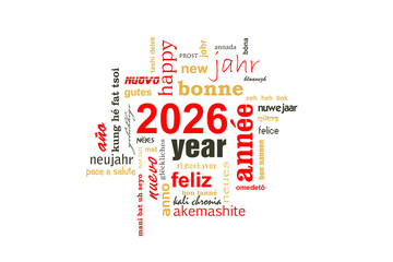 Fototapeta premium 2026 new year multilingual colorful text word cloud greeting card on white background