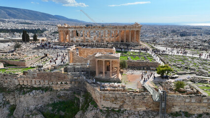 Aerial drone photo of iconic Acropolis hill and the Parthenon featuring Erechtheion and Porch of...