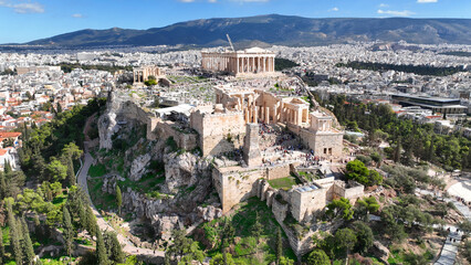 Naklejka premium Aerial drone photo of iconic Acropolis hill and the Parthenon featuring Erechtheion and Porch of the Caryatids, Athens historic centre, Attica, Greece