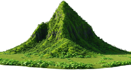 Vibrant green mountain covered in lush vegetation, standing tall against a transparent backdrop.
