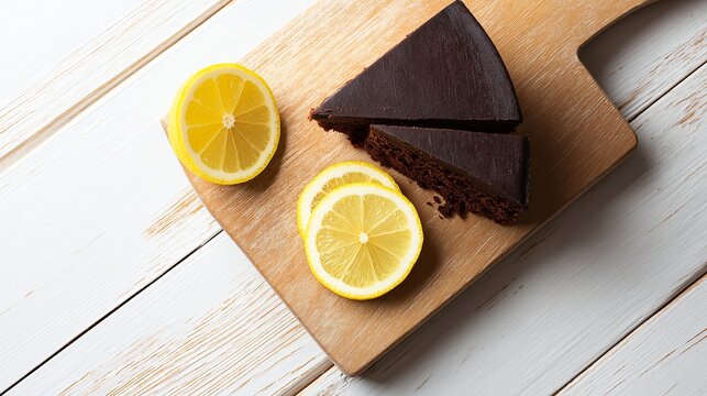 Chocolate cake slice with lemon slices on wooden serving board on white wooden table, fresh and appetizing dessert presentation