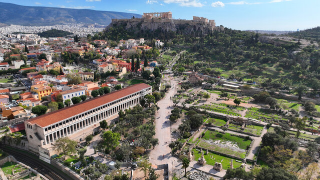 Aerial drone photo of iconic Ancient Agora of Athens built below Acropolis hill featuring Temple of Hephaestus and stoa of Atalos among many other antiquities, Attica, Greece