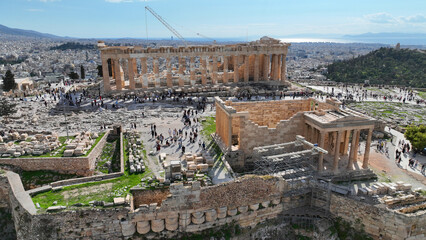 Aerial drone photo of iconic Acropolis hill and the Parthenon featuring Erechtheion and Porch of...