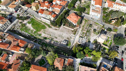 Aerial drone photo of iconic Roman Market featuring tower of Winds and Gate of Athena in the heart...