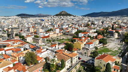 Aerial drone photo of iconic Roman Market featuring tower of Winds and Gate of Athena in the heart...
