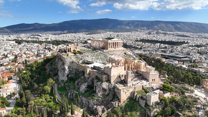 Aerial drone photo of iconic Acropolis hill and the Parthenon featuring Erechtheion and Porch of...