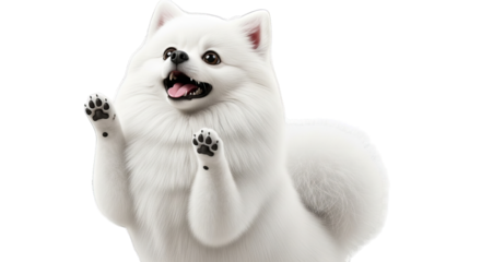 A fluffy white dog with raised paws and a happy expression stands against transparent backdrop