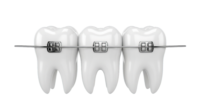 Close-up of three white teeth with metal braces attached in a low resolution transparent image