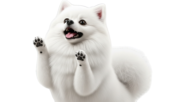 A fluffy white dog with raised paws and a happy expression stands against transparent backdrop