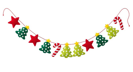Festive garland featuring stars, candy canes and Christmas trees against a transparent backdrop