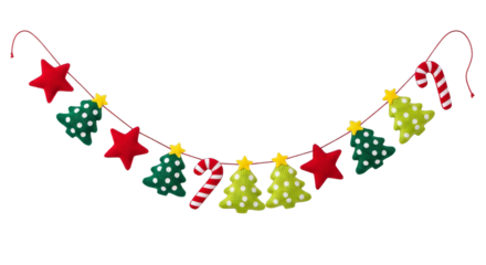 Festive garland featuring stars, candy canes and Christmas trees against a transparent backdrop
