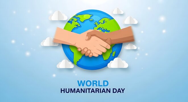 World humanitarian day concept with handshake over globe on blue background - Powered by Adobe