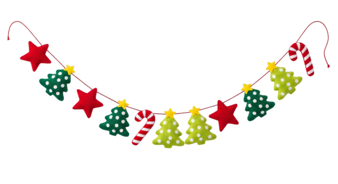 Festive garland featuring stars, candy canes and Christmas trees against a transparent backdrop