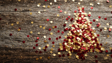 Scattered Red and Gold Confetti Glitter on Weathered Wooden Surface Holiday Celebration Concept