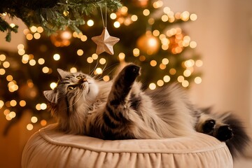 A charming cat reaches for a star ornament beneath a twinkling Christmas tree, spreading holiday cheer.