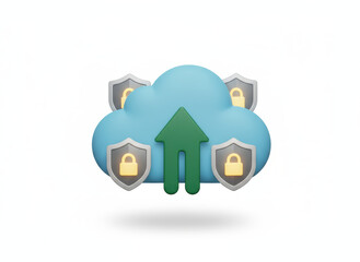 Cloud threat detection 3d icon shows secure upload with shield lock symbols