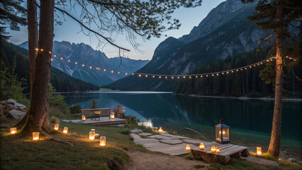 Tranquil outdoor night scene with serene lake