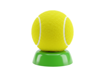 Isolated bright yellow tennis ball balanced on a small green plastic holder base indoors