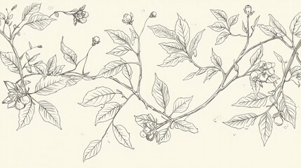 Fototapeta premium Elegant botanical sketch of delicate branches with leaves and berries, perfect for vintage designs and natural motifs.