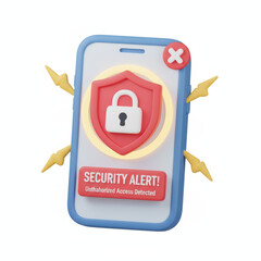 Security threat detection 3d icon on smartphone screen with alert, warning, lock