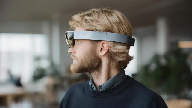 Engineer testing wearable neural sensors for mind-controlled robotics, emotion of focus visible, representing brain-computer interfaces, AI systems, and future human enhancement. cinematic color