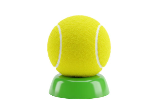 Isolated bright yellow tennis ball balanced on a small green plastic holder base indoors - Powered by Adobe