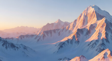 Immersive rose&ndash;blue mountain peaks at sunrise with atmospheric depth