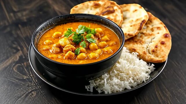 Bowl of spicy chickpea curry with basmati rice and stacked naan bread on dark slate surface