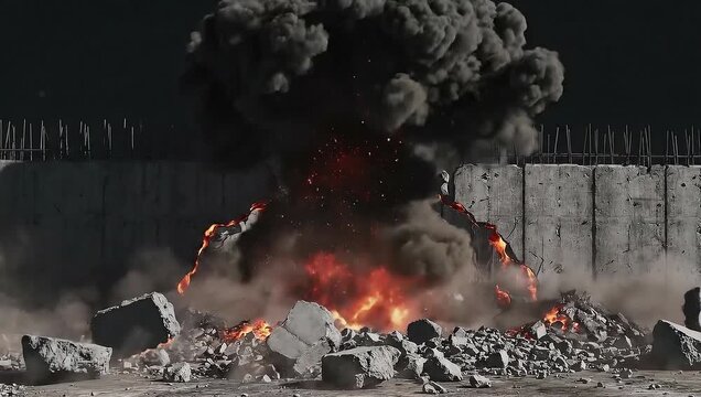 Explosion with debris and dust cloud against concrete wall with exposed rebar at the top edge