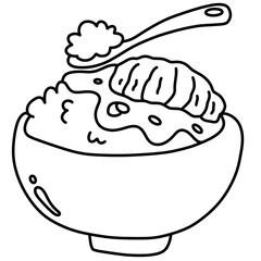 Black and White Line Drawing of Rice Bowl with Dumpling and Spoon